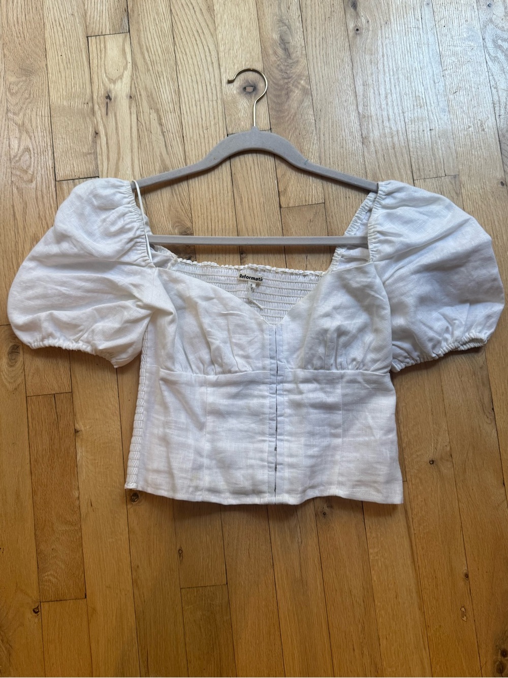 Reformation White Puff Sleeve Square-Neck Crop Blouse